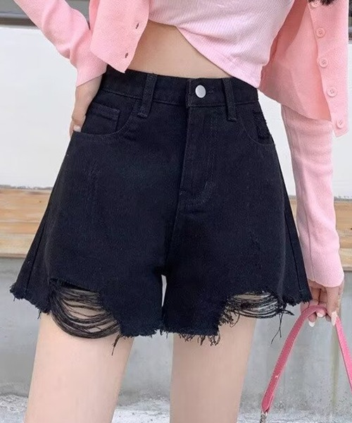 Teem Store（チームストア）の「ビンテージライクダメージクラッシュショートパンツ（デニムパンツ・レディース・ホワイト/ブラック/グレー/ブルー・S/M/L）」の2枚目の写真