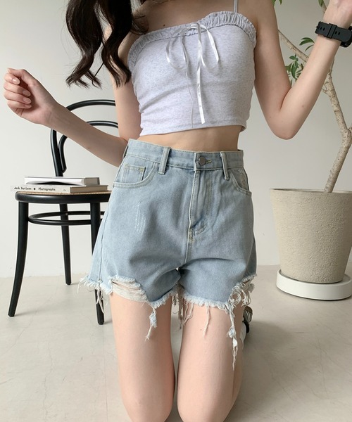 Teem Store（チームストア）の「ビンテージライクダメージクラッシュショートパンツ（デニムパンツ・レディース・ホワイト/ブラック/グレー/ブルー・S/M/L）」の11枚目の写真