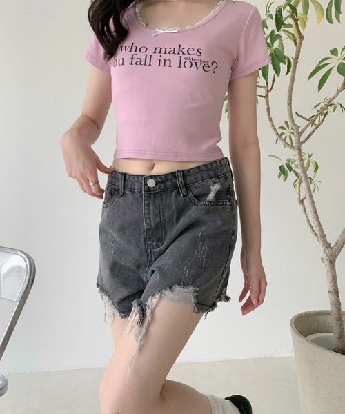 Teem Store（チームストア）の「ビンテージライクダメージクラッシュショートパンツ（デニムパンツ・レディース・ホワイト/ブラック/グレー/ブルー・S/M/L）」の20枚目の写真