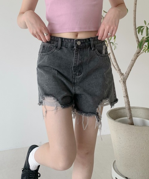 Teem Store（チームストア）の「ビンテージライクダメージクラッシュショートパンツ（デニムパンツ・レディース・ホワイト/ブラック/グレー/ブルー・S/M/L）」の21枚目の写真