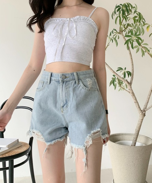 Teem Store（チームストア）の「ビンテージライクダメージクラッシュショートパンツ（デニムパンツ・レディース・ホワイト/ブラック/グレー/ブルー・S/M/L）」の10枚目の写真