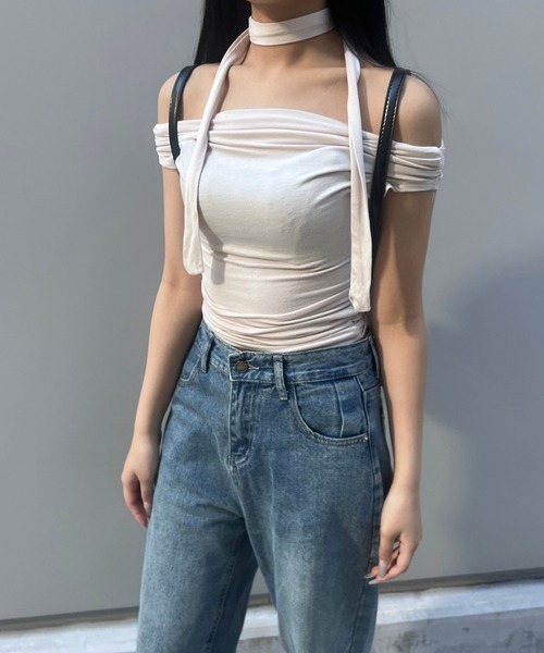 セール】スカーフ付き絞りオフショルトップス（Tシャツ