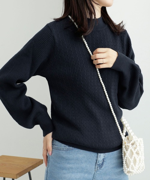 alotta(アロッタ)の「カシミヤタッチミニケーブルニット(ニット/セーター・レディース・ライトブルー/ネイビー/杢グレー/アイボリー・L/LL/3L/M)」の4枚目の写真