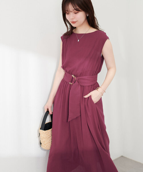 natural couture(ナチュラルクチュール)の「べっ甲Dかん太ベルト涼しげワンピース(ワンピース・レディース・ブラック/サックスブルー/ボルドー/ミント/チェック/ベージュ・FREE)」の5枚目の写真