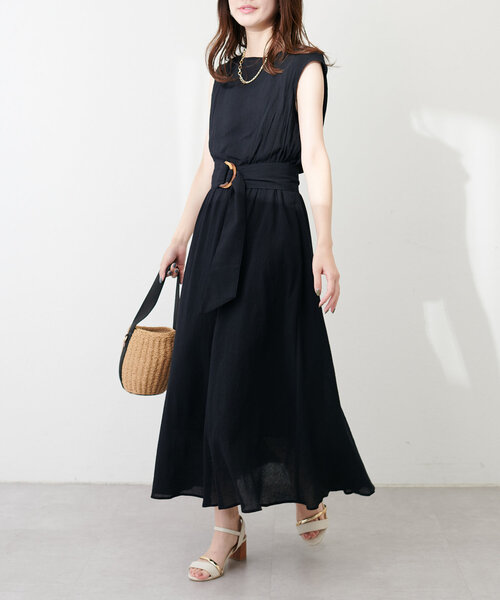 natural couture(ナチュラルクチュール)の「べっ甲Dかん太ベルト涼しげワンピース(ワンピース・レディース・ブラック/サックスブルー/ボルドー/ミント/チェック/ベージュ・FREE)」の2枚目の写真