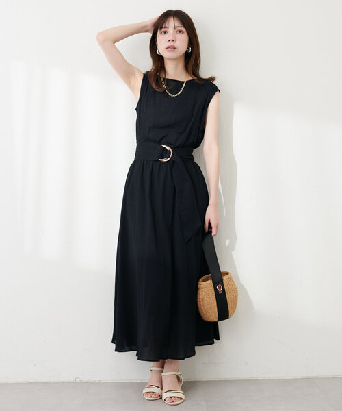 natural couture(ナチュラルクチュール)の「べっ甲Dかん太ベルト涼しげワンピース(ワンピース・レディース・ブラック/サックスブルー/ボルドー/ミント/チェック/ベージュ・FREE)」の8枚目の写真