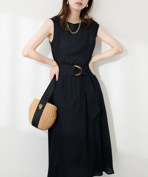 natural couture(ナチュラルクチュール)の「べっ甲Dかん太ベルト涼しげワンピース(ワンピース・レディース・ブラック/サックスブルー/ボルドー/ミント/チェック/ベージュ・FREE)」の9枚目の写真