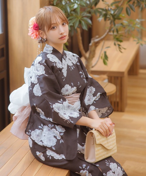 ワンピース浴衣3点セット（キャミワンピース＋羽織り＋兵児帯）　Lサイズ セール】◎花柄2wayセパレート浴衣 3点セット(キャミワンピース