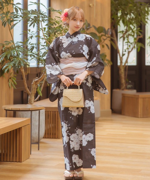 ワンピース浴衣3点セット（キャミワンピース＋羽織り＋兵児帯）　Lサイズ セール】◎花柄2wayセパレート浴衣 3点セット(キャミワンピース