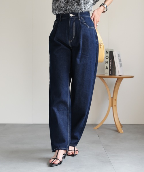 セール】タック入りコクーンデニムパンツ/ジーパン/クロップド（デニム