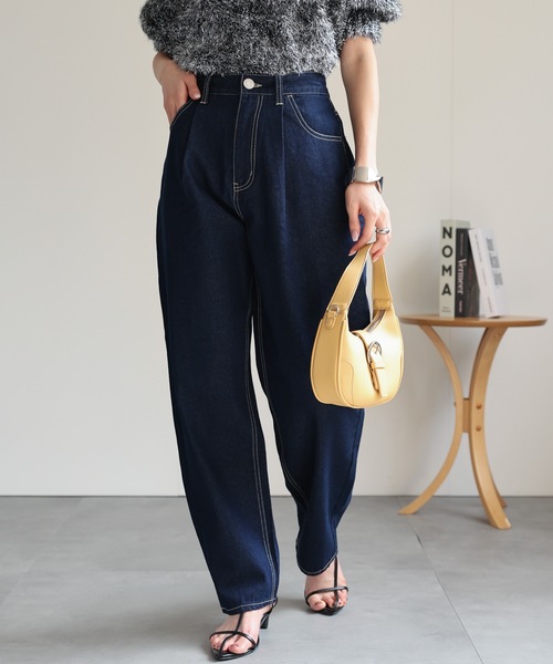 セール】タック入りコクーンデニムパンツ/ジーパン/クロップド（デニム