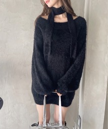 2WAY ネック シャギー チュニック ニット ミニワンピース