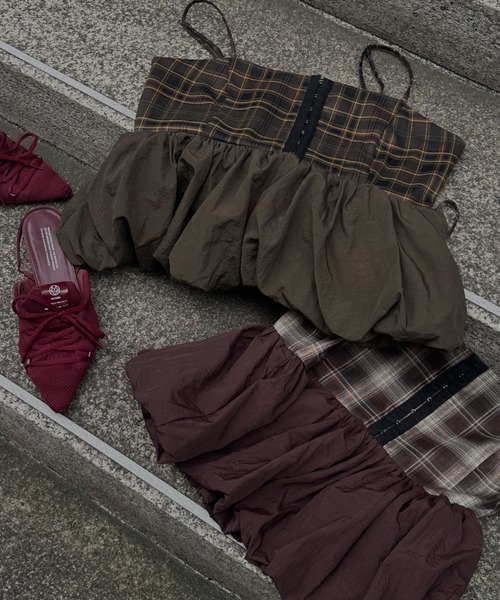 loin nuit(ロワンニュイ)の「plaid pattern balloon tops / プラッドパターンバルーントップス(キャミソール・レディース・ブラウン/カーキ・FREE)」の11枚目の写真