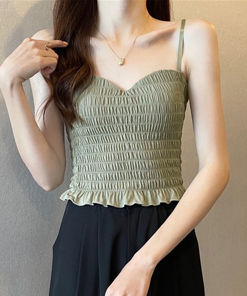 Lace Ladies(レースレディース)の「シャーリング フリル カップ付き コンパクト キャミソール(キャミソール・レディース・ブラック/アイボリー/ブルーグレー/ホワイト/グリーン/ブラウン・FREE)」の1枚目の写真