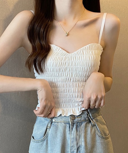 Lace Ladies(レースレディース)の「シャーリング フリル カップ付き コンパクト キャミソール(キャミソール・レディース・ブラック/アイボリー/ブルーグレー/ホワイト/グリーン/ブラウン・FREE)」の16枚目の写真