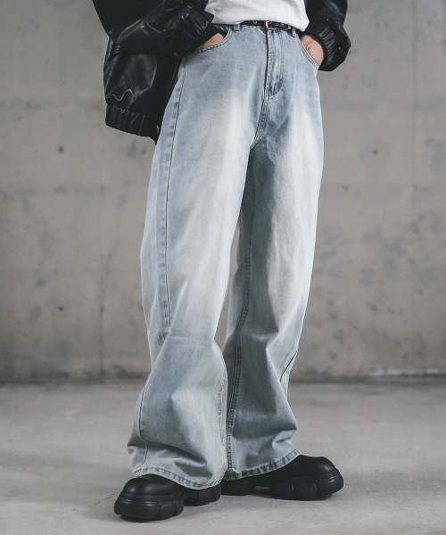 セール】Wide straight vintage washed denim pants / ワイド