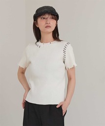 配色ステッチダメージトップス