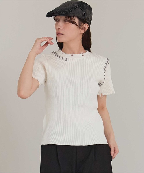 miette(ミエット)の「配色ステッチダメージトップス(ニット/セーター・レディース・ブラック/オフホワイト/ネイビー/ベージュ・FREE)」の7枚目の写真