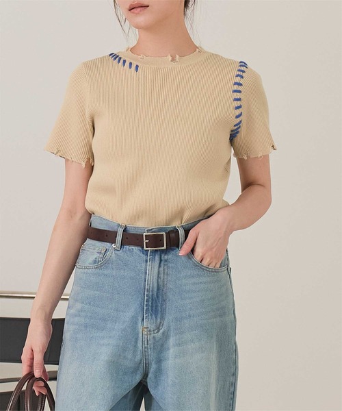 miette(ミエット)の「配色ステッチダメージトップス(ニット/セーター・レディース・ブラック/オフホワイト/ネイビー/ベージュ・FREE)」の18枚目の写真
