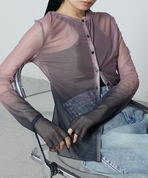 le ELMi（ルエルミ）の「2way gradient sheer cardigan / 2way パワーメッシュ グラデーション カーデトップス（カーディガン/ボレロ・レディース・ブルー/ピンク/ブラウン・FREE）」の3枚目の写真