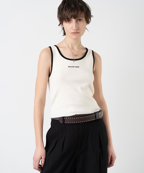 ELOOPS(イーループス)の「【ELOOPS】スローガンプリント入り ウールニットショートトップス(Tシャツ/カットソー・レディース・アイボリー/チャコールグレー・FREE)」の2枚目の写真