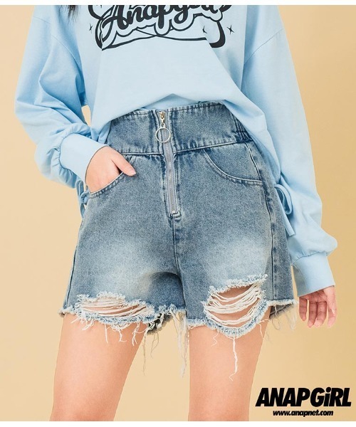 ANAP GｉRL（アナップガール）の「ハイウエストリングジップショートパンツ（その他パンツ・キッズ・ブルー/ライトブルー/ブラック・M/S/XS）」の7枚目の写真