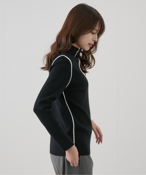 【全4色】ハイネック半袖ニットトップ アイボリー ベージュピンク ブラック【higi-h120708top】( mja )(231219) セール】ハイネック配色パイピングニット（Tシャツ/カットソー