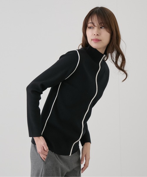 Jayro(ジャイロ)の「ハイネック配色パイピングニット(Tシャツ/カットソー・レディース・グレー/オフホワイト/ブラック・M)」の8枚目の写真