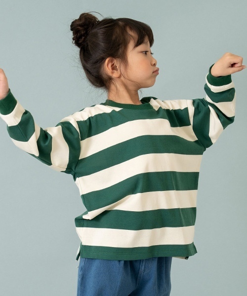 and D. petit main（アンドディープティマイン）の「【365D.】ボーダー袖リブワイドロンT（Tシャツ/カットソー・キッズ・ブルー/ブラック/スモークピンク/グリーン/イエロー/ネイビー・150cm/90cm/110cm/130cm/100cm/120cm/140cm）」の2枚目の写真