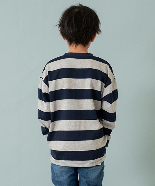 and D. petit main（アンドディープティマイン）の「【365D.】ボーダー袖リブワイドロンT（Tシャツ/カットソー・キッズ・ブルー/ブラック/スモークピンク/グリーン/イエロー/ネイビー・150cm/90cm/110cm/130cm/100cm/120cm/140cm）」の21枚目の写真