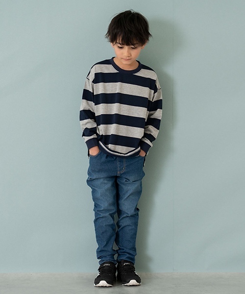 and D. petit main（アンドディープティマイン）の「【365D.】ボーダー袖リブワイドロンT（Tシャツ/カットソー・キッズ・ブルー/ブラック/スモークピンク/グリーン/イエロー/ネイビー・150cm/90cm/110cm/130cm/100cm/120cm/140cm）」の22枚目の写真