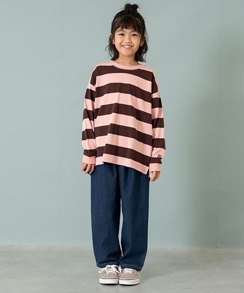 and D. petit main（アンドディープティマイン）の「【365D.】ボーダー袖リブワイドロンT（Tシャツ/カットソー・キッズ・ブルー/ブラック/スモークピンク/グリーン/イエロー/ネイビー・150cm/90cm/110cm/130cm/100cm/120cm/140cm）」の7枚目の写真