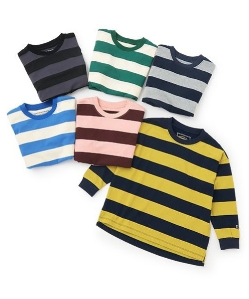 and D. petit main（アンドディープティマイン）の「【365D.】ボーダー袖リブワイドロンT（Tシャツ/カットソー・キッズ・ブルー/ブラック/スモークピンク/グリーン/イエロー/ネイビー・150cm/90cm/110cm/130cm/100cm/120cm/140cm）」の14枚目の写真