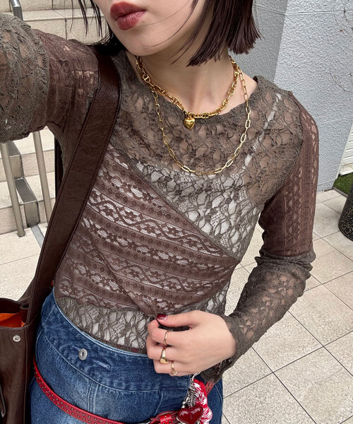 CIAOPANIC（チャオパニック）の「レースパネルシアートップス（Tシャツ/カットソー・レディース・オフホワイト/ブラック/カーキ・ONE SIZE）」の3枚目の写真