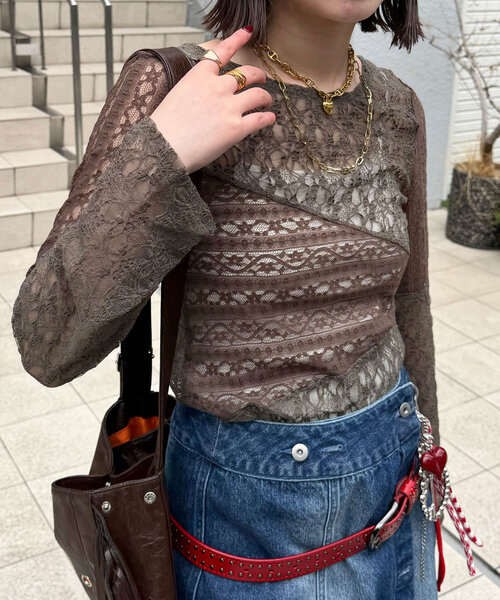 CIAOPANIC（チャオパニック）の「レースパネルシアートップス（Tシャツ/カットソー・レディース・オフホワイト/ブラック/カーキ・ONE SIZE）」の18枚目の写真