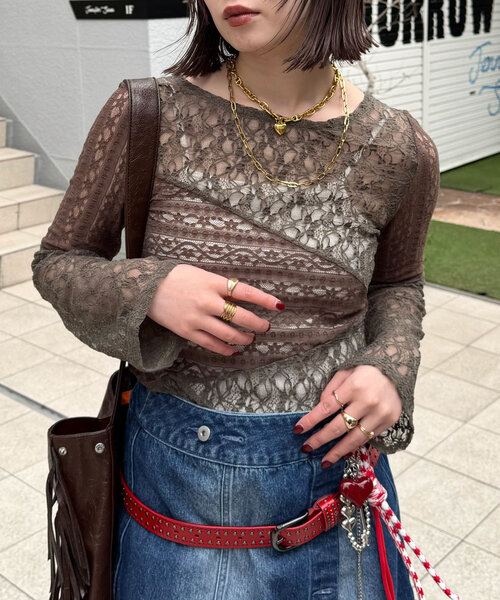 CIAOPANIC（チャオパニック）の「レースパネルシアートップス（Tシャツ/カットソー・レディース・オフホワイト/ブラック/カーキ・ONE SIZE）」の19枚目の写真