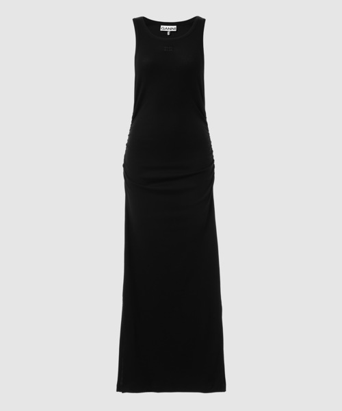【GANNI】 ブラックソフトコットンリブタンクトップロングドレス Black Black Soft Cotton Rib Tank Top Long Dress | GANNI US
