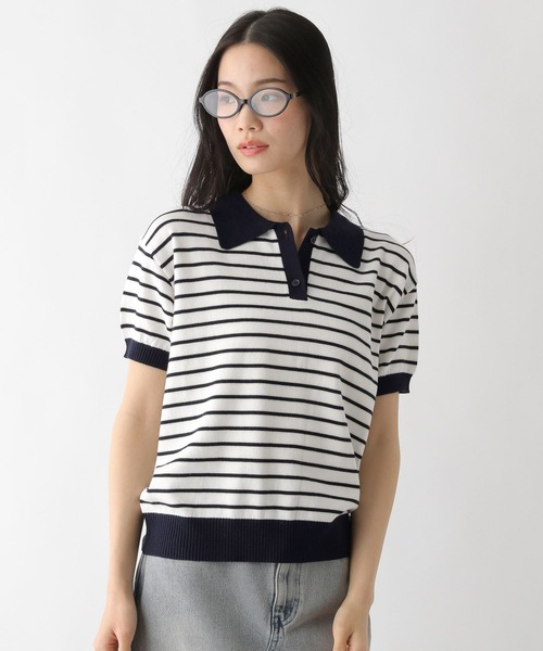 Heather（ヘザー）の「ボーダーポロニット（半袖）　491044（ニット/セーター・レディース・グレー系/ネイビー系/ホワイト系・FREE）」の5枚目の写真