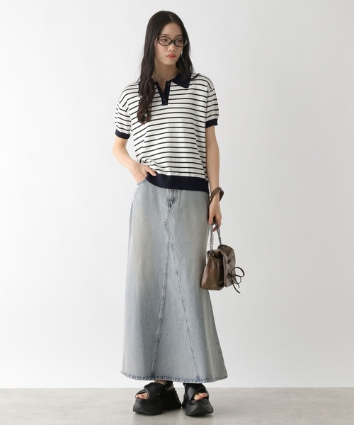 Heather（ヘザー）の「ボーダーポロニット（半袖）　491044（ニット/セーター・レディース・グレー系/ネイビー系/ホワイト系・FREE）」の7枚目の写真