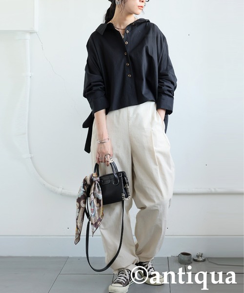 antiqua(アンティカ)の「ショート丈シャツ(シャツ/ブラウス・レディース・カーキ/ブラック・ONESIZE)」の5枚目の写真