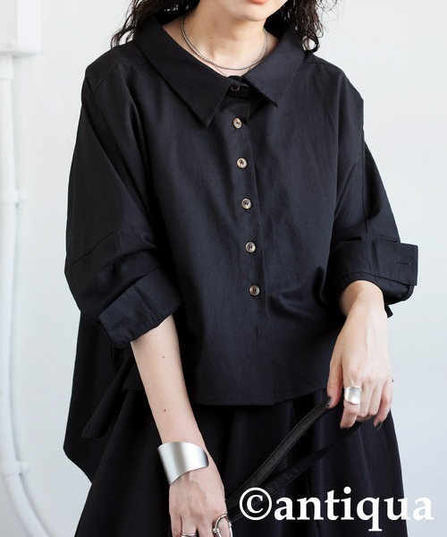 antiqua(アンティカ)の「ショート丈シャツ(シャツ/ブラウス・レディース・カーキ/ブラック・ONESIZE)」の6枚目の写真