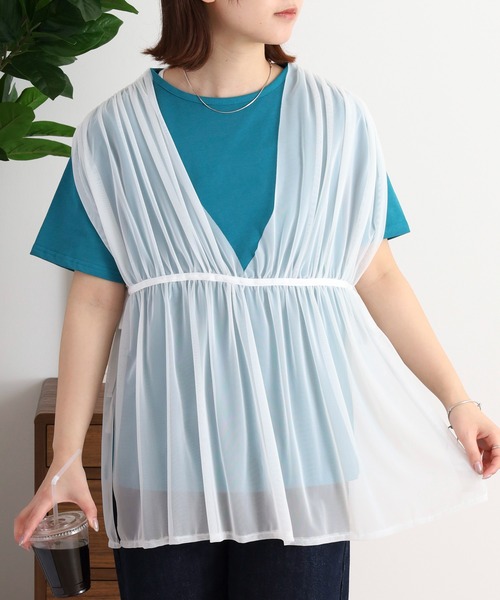 Arinomama(アリノママ)の「コーマ糸シルケット天竺 チュールレイヤードトップス(Tシャツ/カットソー・レディース・ブラック/ホワイト/ターコイズブルー・FREE)」の8枚目の写真