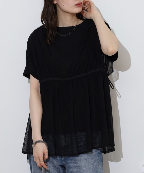 Arinomama(アリノママ)の「コーマ糸シルケット天竺 チュールレイヤードトップス(Tシャツ/カットソー・レディース・ブラック/ホワイト/ターコイズブルー・FREE)」の18枚目の写真