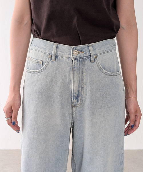 セール】ワイドバギーデニムパンツ 裾ダメージ加工 オーバーダイ