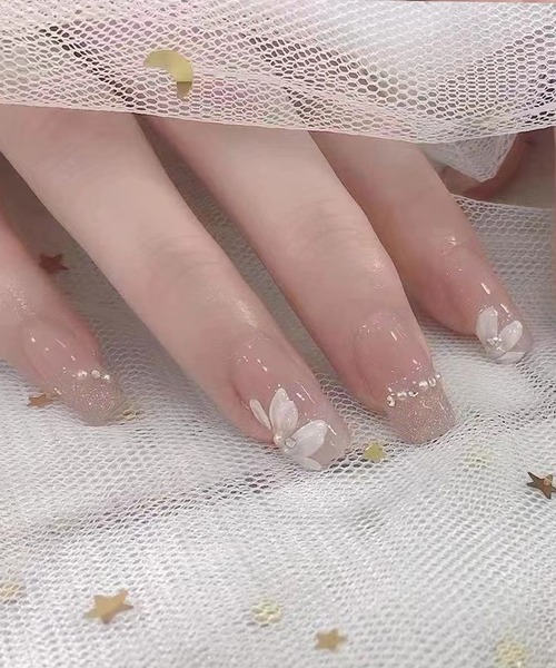 ネイルチップ ワンホン フラワー パール 当日発送】水光ネイルピンクミラーフレンチストーンフラワーワン