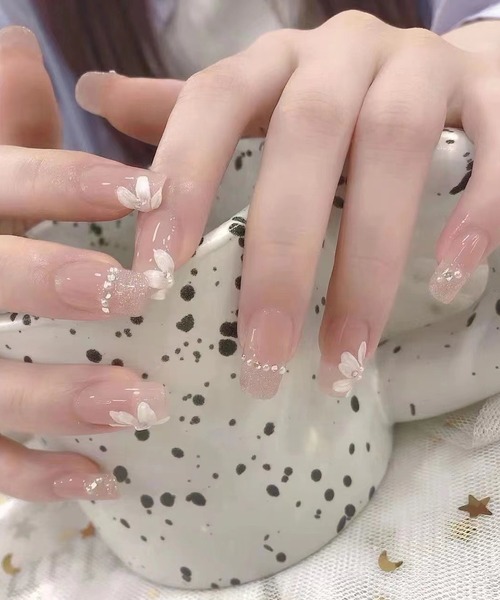 ネイルチップ ワンホン フラワー パール ワンホン パステルピンク パールフラワーネイル♡ ネイルチップ