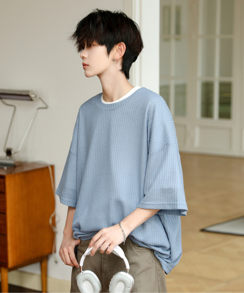 neos(ネオス)の「【neos】ルーズシルエット クルーネック サーマル ワッフル ハーフスリーブ Tシャツ(Tシャツ/カットソー・メンズ・ブルー/ブラック/ライトグレー/グリーン/ラベンダー・MEDIUM/LARGE)」の1枚目の写真
