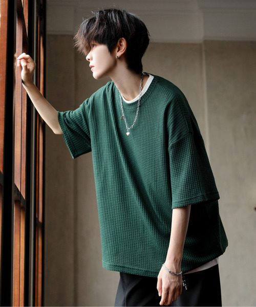 neos(ネオス)の「【neos】ルーズシルエット クルーネック サーマル ワッフル ハーフスリーブ Tシャツ(Tシャツ/カットソー・メンズ・ブルー/ブラック/ライトグレー/グリーン/ラベンダー・MEDIUM/LARGE)」の4枚目の写真