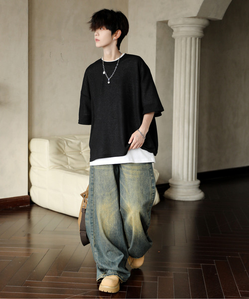 neos(ネオス)の「【neos】ルーズシルエット クルーネック サーマル ワッフル ハーフスリーブ Tシャツ(Tシャツ/カットソー・メンズ・ブルー/ブラック/ライトグレー/グリーン/ラベンダー・MEDIUM/LARGE)」の8枚目の写真