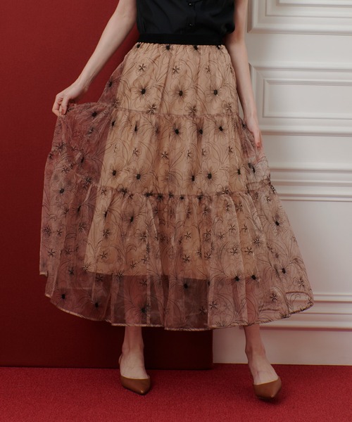 LOULOU WILLOUGHBY】オーガンジーフラワー刺繍スカート